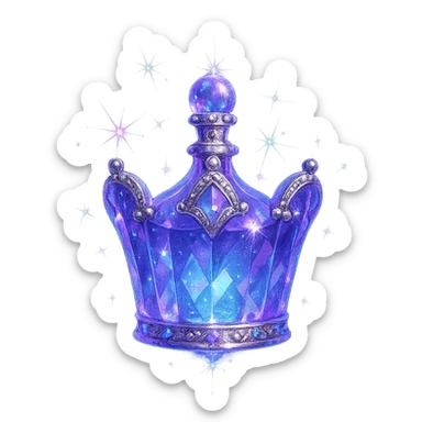 small luxurious crystal elixir bottle in crown shape, color #7986cb, ornate silver and iridescent details, ultra intense magical glowing and sparkling effects, very small neck, seamless bottom, bottle clearly floating in air, no base or shadow, modern, collection style sticker