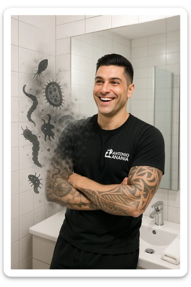 a man stands in a brightly lit bathroom, looking relieved and revitalized as he examines his reflection in the mirror. In the foreground, stylized, shadowy images of parasites (such as worms or protozoa) are shown leaving his body, dissolving into mist or fading away. His posture is upright and his expression is one of newfound energy and health. sticker