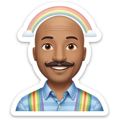 Oxumarê as a very happy and spontaneous smiling 37-year-old bald man with very dark skin, smooth oval head, indigenous facial features, mustache with circular beard only on chin, a round mole on the right side below the lip, wearing a blue striped dress shirt, with rainbow serpent, Memoji style sticker