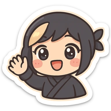 Kawaii chibi ninja girl with black short hair and a blonde streak, only head and arms, super cute, big sparkling eyes, rounder face, smaller mouth, extra soft colors, colorful chibi style, bold outlines, no mask, hand fully raised, waving, smiling, sized for Twitch emoji use. sticker