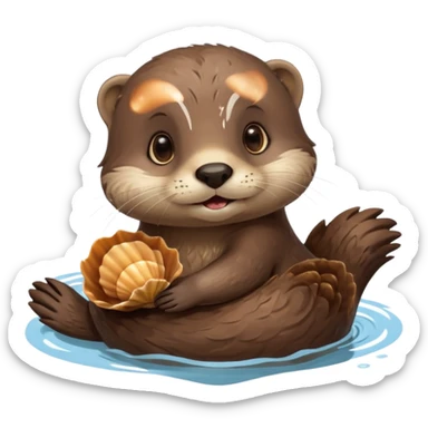 adorable otter floating on water, holding a shell sticker