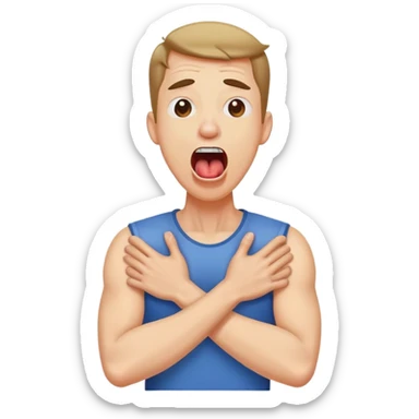 A man screaming with his tongue out and arms crossed are holding his neck. sticker