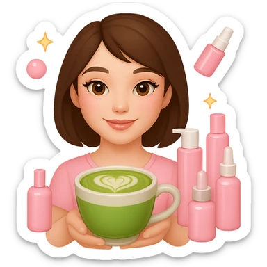 Create an Apple emoji style profile picture of a girl with short dark brown hair and brown eyes, pink soft girl aesthetic, holding a matcha latte, surrounded by pink skincare and makeup, sparkles, with a different makeup look such as glossy lips and blush. The style should mimic Apple emojis with a soft and polished look. sticker