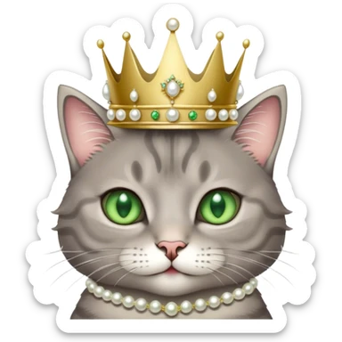 A cute and fluffy cool grey tabby cat with green eyes, white tummy, a simple pearl necklace and crown sticker