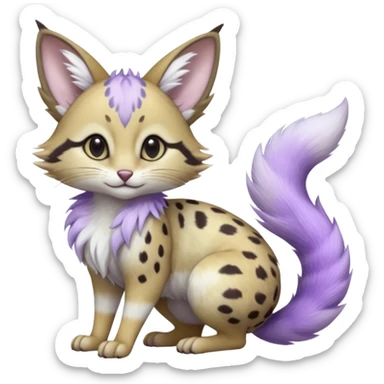 Hyper realistic  frost-lavender-colored fur kissed with pale moon-silver dewshine beautiful elegant pretty precious cute  Fakémon-Pokémon-opossum-serval-caracal-Ocelot-Minccino-hybrid-creature with a big fluffy bushy tail (full body) sticker