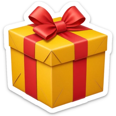 box with yellow wrapping paper and a length of red ribbon surrounding it on the bottom of the ground so you can see most of the box's cardboard sticker