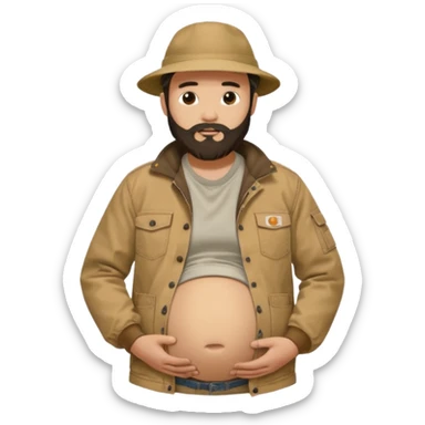Bearded man rubbing pregnant belly poking out of shirt wearing a tan canvas carhartt jacket with  chinese hat on sticker
