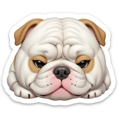 Cinematic Meme-Worthy Chubby Sleeping White English Bulldog Portrait Emoji, Head resting peacefully with a contented smile, showcasing a delightfully chubby build and a luxuriously soft pure white coat, eyes shut in a serene nap, Simplified yet hilariously adorable features, highly detailed, glowing with a soft, drowsy light, high shine, relaxed and utterly lovable, stylized with an air of playful laziness, bright and heartwarming, soft glowing outline, capturing the essence of a comically sleepy guardian, so meme-worthy it feels like it could instantly become the next viral sensation of adorable slumber! sticker