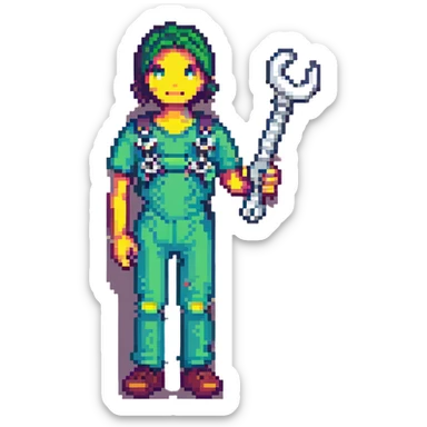 Rounded rectangle badge with pixel art person holding car wrench key, technical colorful IT design sticker