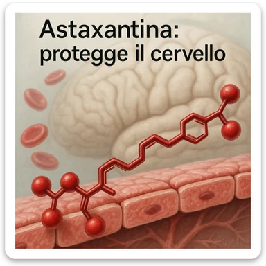 hyper realistic red astaxanthin molecule crossing a stylized blood-brain barrier, clinical atmosphere, realistic details, with text 'Astaxantina: protegge il cervello' sticker