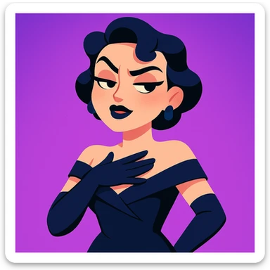 cute animated 3D cartoon character of a glamorous woman with short black hair in elegant curls, wearing a dark navy blue off-shoulder gown and long black gloves, confident slightly smug facial expression with bold dark makeup including black lipstick and sharp eyebrows, hand placed on chest as if in disbelief or sass, bright purple gradient background, mobile game character art style sticker