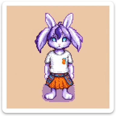 furry anthro male bunny with purple hair, blue eyes, purple and white fur, wearing a t-shirt and skirt, pixel art style sticker