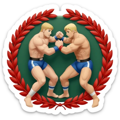 An icon symbolizing wrestling combat sports in the style of an emblem. The design features two wrestlers locked in a powerful grapple, one attempting to take the other down. Surrounding the scene are stylized elements like a championship belt, wrestling mat, and a laurel wreath. sticker