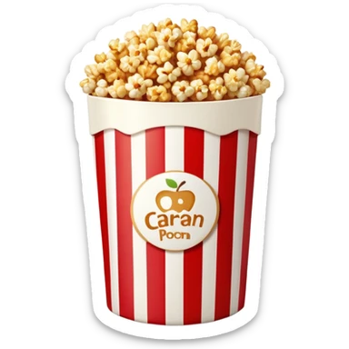 caramel popcorn in an extra large red and white vertically striped package, thick bold stripes, golden brown caramel popcorn, authentic Apple emoji style with glossy finish and subtle gradients, package dominates the image, minimalist clean design, no text sticker