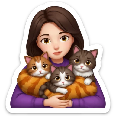 brunette girl snuggling 6 cats sticker