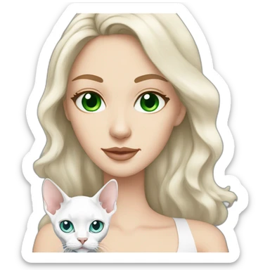 White brunette long hair woman with green eyes holding white devon rex with blue eyes sticker