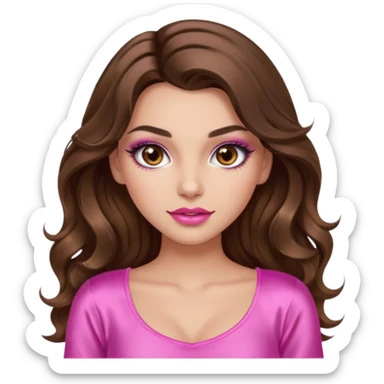 girl with long wavy brown hair, brown eyes, long lashes makeup, sexy pink lips, light to medium complexion, wearing a pink sexy top sticker