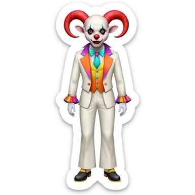 full-body demonic clown in a white leisure suit with bellbottom pants, bald, black ram horns, flashy belt, ruffled shirt, colorful tie, no elevator shoes sticker