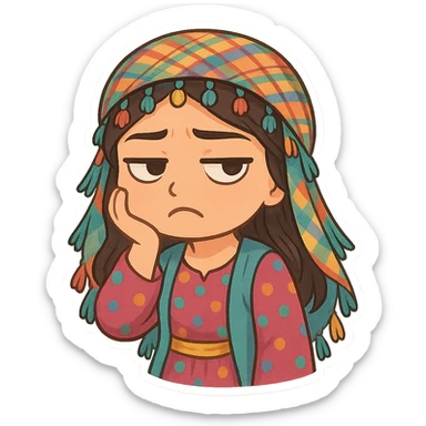 Cartoon sticker of a Kurdish woman wearing traditional Kurdish female clothing, colorful and cheerful style. The face should have a bored and frowning expression similar to the 😒 emoji. No text, suitable for WhatsApp and Instagram, with a transparent background. sticker