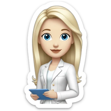 pale skin woman with blonde middle length straight line hair, blue eyes, White classical jacket, Gray Palazzo pants holding a color palette in the hands sticker