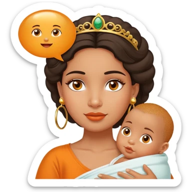 An olive skinned Latina princess with brown eyes and gold earring hoops with a speech bubble saying “Hey Hooch? You doin’ ok?” To an oversized orange baby in a nappy sticker