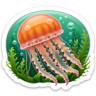 Beautiful pale pink and orange transparent jellyfish among algae  sticker