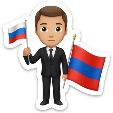Russian man in a suit with a flag sticker
