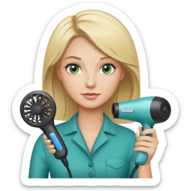 Blonde bob girl hair stylist with blue green eyes holding a hair dryer sticker