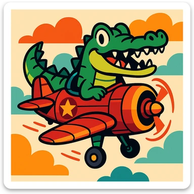 a crocodile merged with a classic bomber plane, cartoon style, dynamic, fun sticker