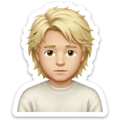 Create a look for a blond boy with long, tousled hair, light eyes, a white sweater, a wealthy appearance, blue eyes, and accessories like a Rolex or Cartier watch, and a cute face with messy hair down. sticker