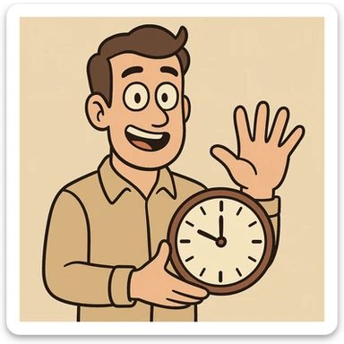 man with a clock in one hand, showing five fingers with the other, friendly expression, minimal background sticker