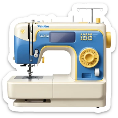 Modern Brother-style computerized sewing machine emoji, white and this yellow #FFB31E and light gray with a blue thread spool, small LCD screen and round dial, three-quarter view, soft gradients and shadows in Apple emoji style, plain light background. sticker