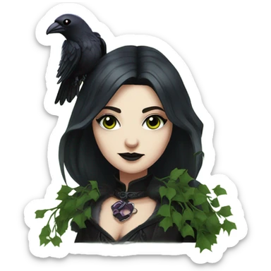 the morrigan goth woman version vines style furr robe stylish boots, perfect eyes, raven on hand, green vines decor on ground sticker