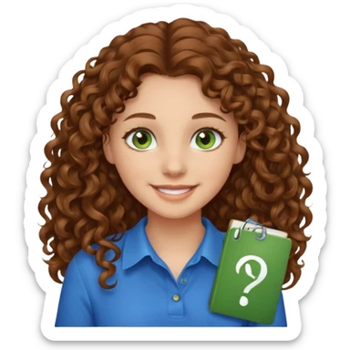 girl with brown hair, green eyes with a blue shirt no background ,young with curly hair smileing long hair sticker