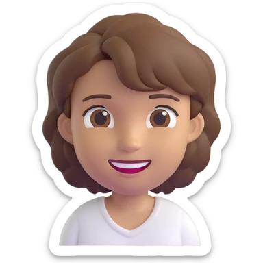 3D emoji style character with short tousled brown hair, smiling, light skin, white shirt sticker