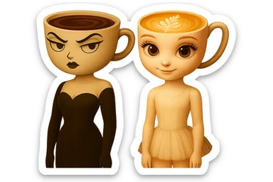Edit the image to adjust the ballerina character's arms so they are straight down at her sides, while keeping the coffee character unchanged with her arms already straight. Maintain the transparent background. sticker