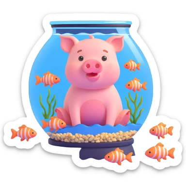 little pig sitting inside a fish tank with several small fish in the water, warm and interesting scene sticker