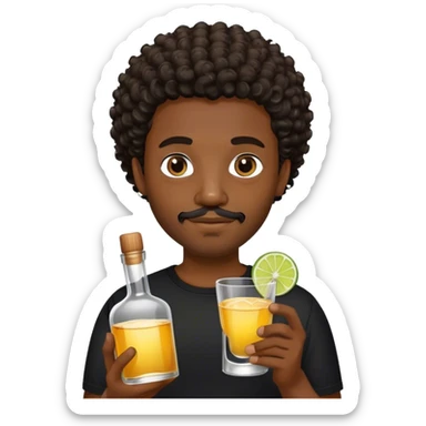 dark black guy, short curly hair, facial hair, holding tequila, black shirt  sticker