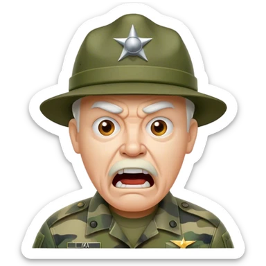 old yelling drill sergeant character wearing a classic sergeant hat and a camouflage army shirt. The character should have an angry intense expression. sticker