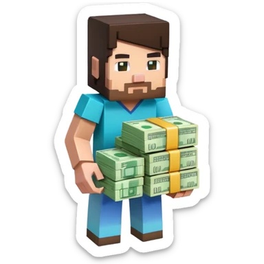 emoji style icon, minecraft blocky character holding a stack of money, pixel art style, bright colors, simple background, 3D glossy emoji, centered composition, soft shadow, high detail, clean outline, white background sticker