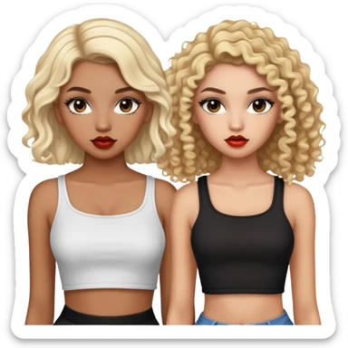 Two teenage girls together, one white with straight blonde hair and one brown-skinned with curly dark hair, both with heavy makeup, big lips, crop tops and choni style clothing sticker