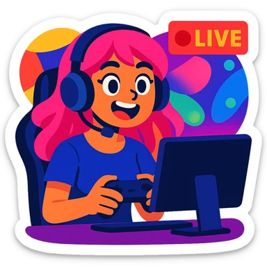 girl with pink hair streaming and playing video games, vibrant and expressive, colorful lights sticker