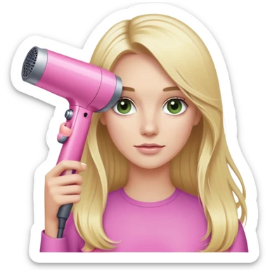 blonde with long hair and swamp eyes holding a pink Dyson hair dryer sticker