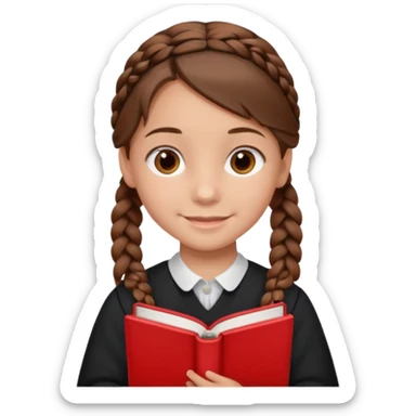brown braid hair girl kid, student, black gile, red book sticker