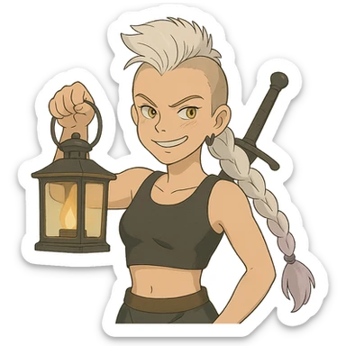 A sword maiden, mohawk, long braid white hair with lavender tips, gold yellow eyes, black crop top, brandishing a lantern. Mischievous smirk sticker