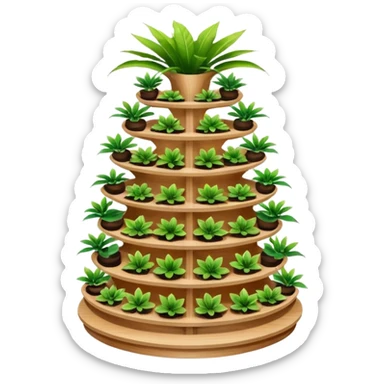 Very Large asymmetrical alien-futuristic multi-tier multi-level curved plant rack, which holds thirty-five plants, constructed from plywood sticker