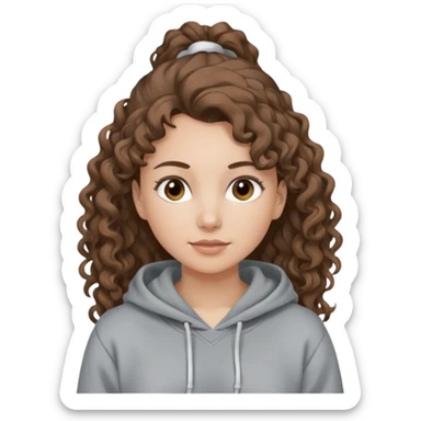 Woman, curly brown hair, hoodie, white pony tail sticker