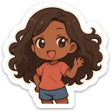 chibi anime style, Black girl with long curly hair, hair waving, cute expression, simple background sticker