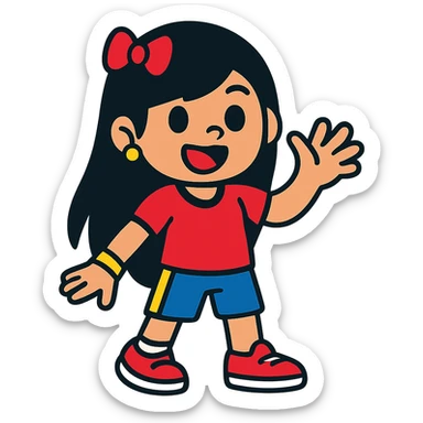 Edit the image to depict a girly girl with long black hair, wearing a sporty outfit in vibrant toon style, with no background. sticker