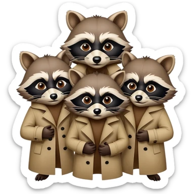 three raccoons stacked on top of each other wearing a trench coat sticker